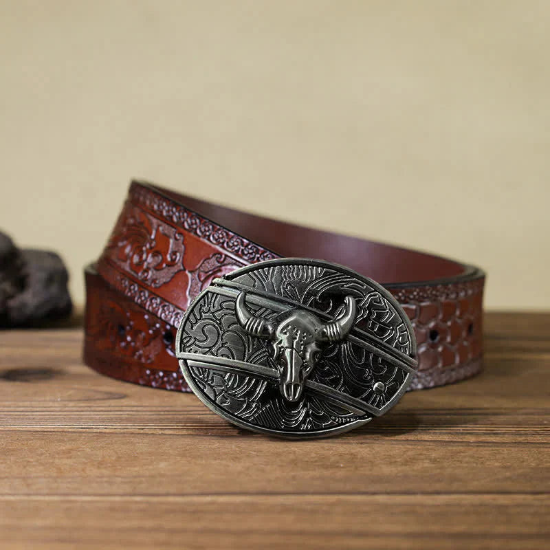 Men's DIY Longhorn Bull Hidden Folding Knife Leather Belt