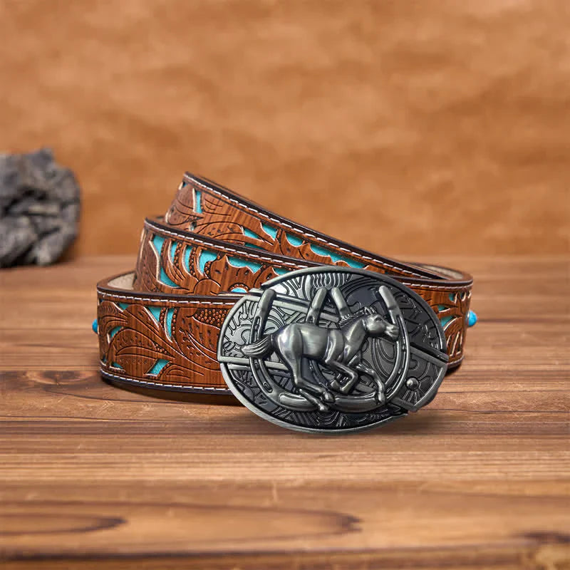 Men's DIY Galloping Horse Hidden Folding Knife Leather Belt