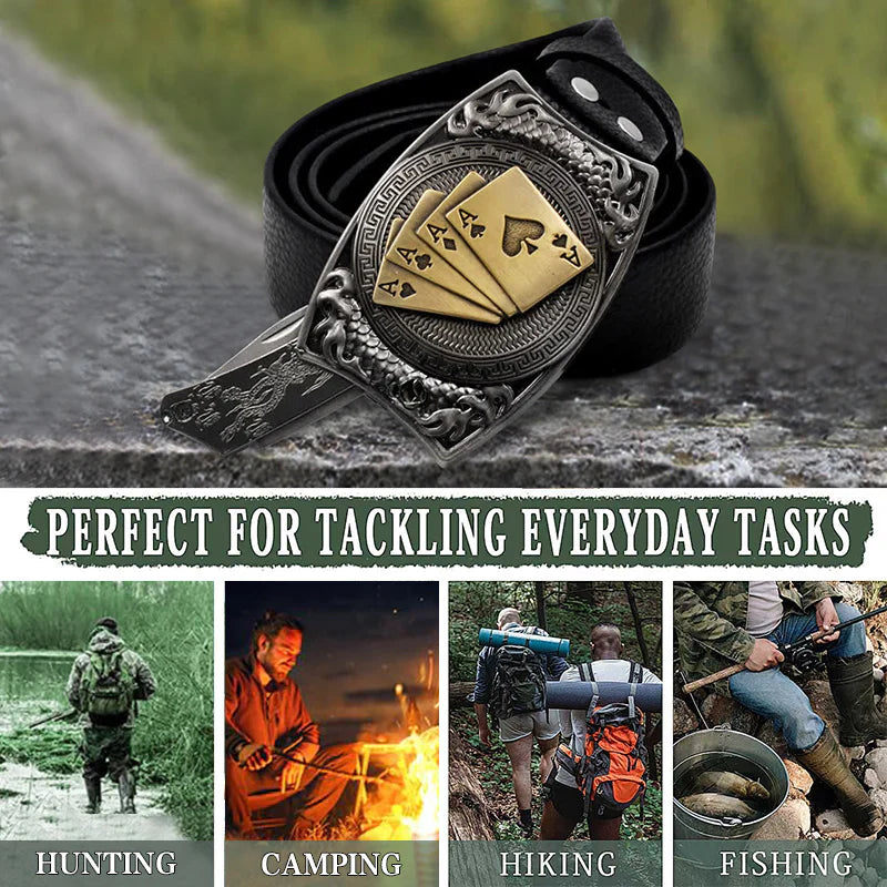 Men's DIY Gold Poker Hidden Folding Knife Leather Belt