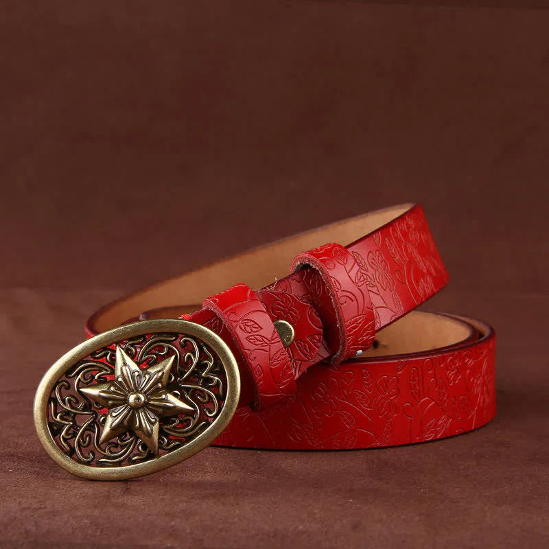 Women's Flower Embossing Five-Pointed Star Buckle Leather Belt