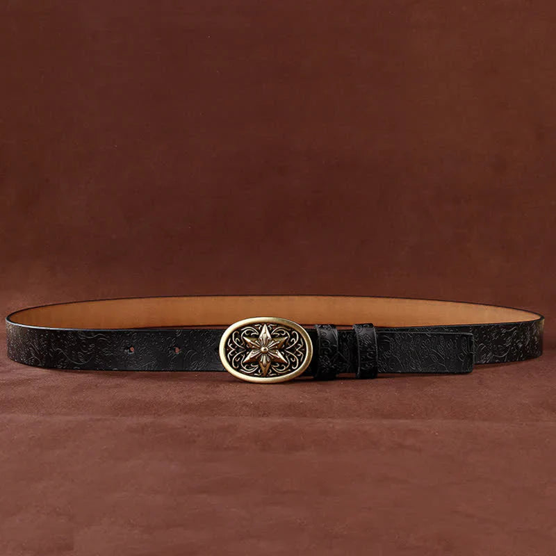 Women's Flower Embossing Five-Pointed Star Buckle Leather Belt